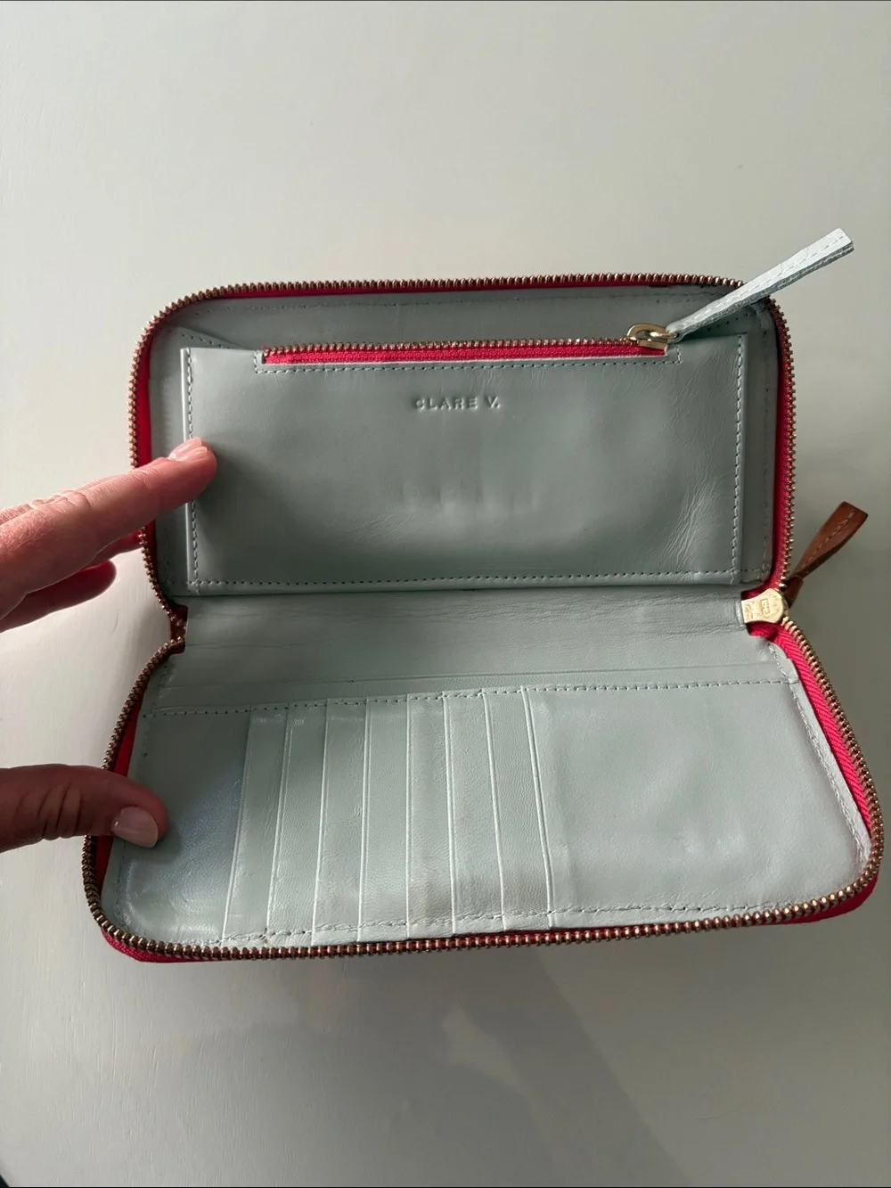 Clare V Brown Leather Zip Wallet with Bright Pink Center Stripe